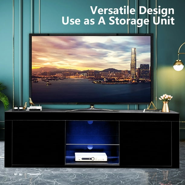 High Gloss Black TV Stand Unit Cabinet w/LED Shelves 2 Drawers Remote Control